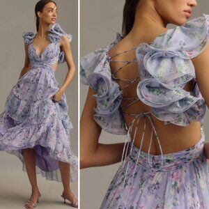 Mac Duggal 56049 Size 6 Light Purple Floral Tiered Ruffle Shoulder Midi Dress